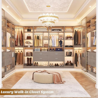 Corner Closet System with 2 Sets, 63.2" Corner Closet Organizer System with 2 Drawers + 18 Shelves + 3 Hanging Rods, Reversible L Shaped Walk-in Closets, Grey (63.2" L x 39.2" W x 80" H)