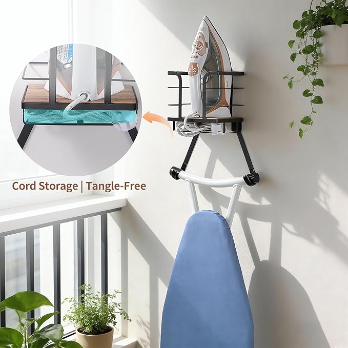Ironing Board Hanger Wall Mount, Over the Door Iron Board Holder, Wooden & Metal Laundry Room Organizer, Anti-Slip Fence Design, Fits T/Y-Leg, Black