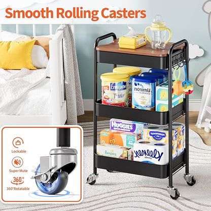 TOOLF 3-Tier Rolling Cart with Table Top, Metal Storage Cart on Wheels, Utility Organizer with Wooden Tray, Lockable Casters, Easy Assembly for Bathroom, Living Room, Office, Kitchen, Black