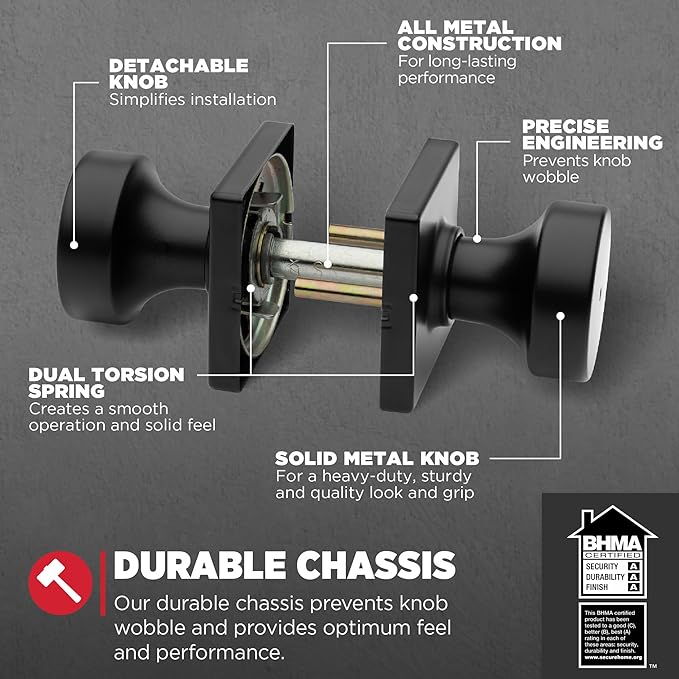 Kwikset Pismo Interior Privacy Door Knob with Lock, Door Handle For Bathroom and Bedroom, Matte Black Keyless Turn Lock Doorknob, with Microban Protection