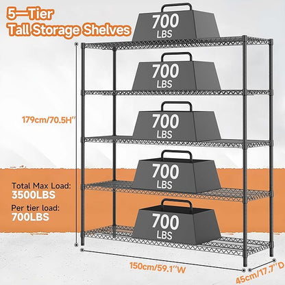3500LBS 59" W 5 Tiers Storage Shelves, Metal Shelving Wire Metal Shelving Unit Shelves for Storage Adjustable Garage Shelving for Pantry Kitchen Garage Black 17.7" D x 59.1" W x 70.4" H