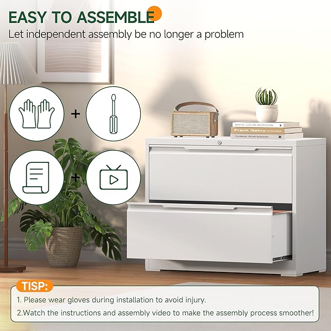 Lateral File Cabinet 2 Drawer, Metal File Cabinet with Lock, Wide Filing Cabinets for Home Office, White Locking Deep Drawer for Hanging Files Letter/Legal/A4/F4 Size, Printer Stand, Assembly Required