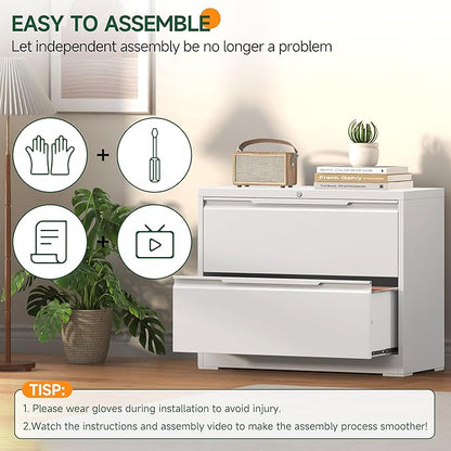 Lateral File Cabinet 2 Drawer, Metal File Cabinet with Lock, Wide Filing Cabinets for Home Office, White Locking Deep Drawer for Hanging Files Letter/Legal/A4/F4 Size, Printer Stand, Assembly Required
