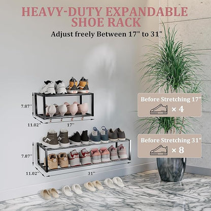 Expandable Wall Mounted Shoe Rack, 17"-31" Adjustable Hanging Shoe Rack Holds 8 Pairs, Heavy Duty Metal Shoe Holder with 2 Storage Hooks, Space Saving for Entryway Closet Doorway（Black）