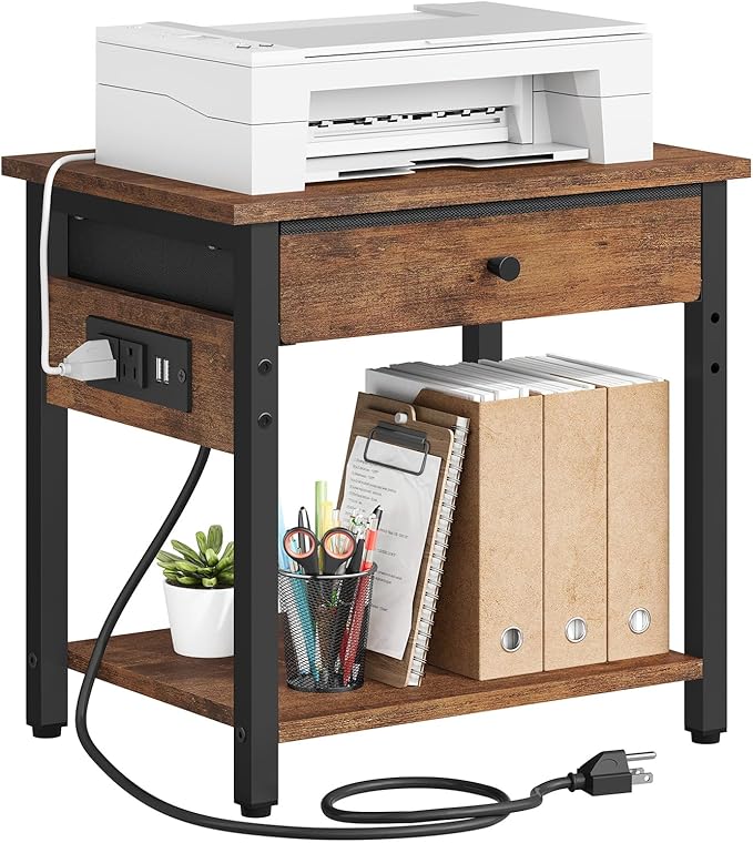 Printer Stand with Charging Station, 2-Tier Under Desk Printer Table, Side Table with Storage Shelves for Home Office, Living Room, Bedroom, Bathroom, Brown