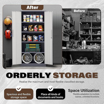 Metal Garage Storage Cabinet, 72” Lockable File Cabinets with 2 Doors and 4 Adjustable Shelves, Steel Tool Cabinets with Lock for Office, Home, Living Room, Grey White