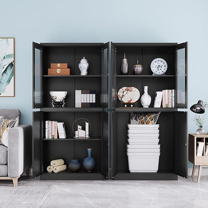Metal Storage Cabinet with Glass Doors, Lockable Office Storage Cabinet, 71" Tall Display Case with Adjustable Shelves for Home Office,School and Hospital (Black)