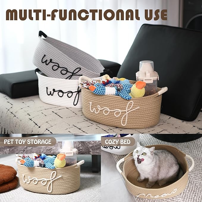 Sea Team Dog Toy Storage Basket with Handles, 16.5 x 11 x 7 Inches, 4.4 Gallons Large Cotton Rope Storage Bin, Shelf Basket, Organizer for Pet Chew Toys, Foods, Beige Woof