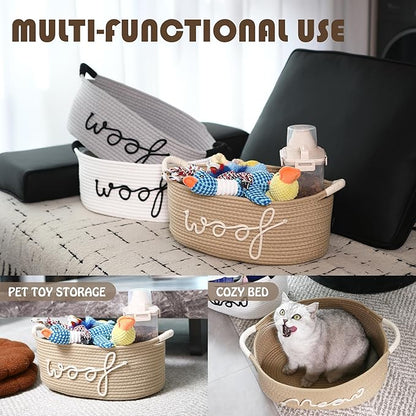 Sea Team Dog Toy Storage Basket with Handles, 16.5 x 11 x 7 Inches, 4.4 Gallons Large Cotton Rope Storage Bin, Shelf Basket, Organizer for Pet Chew Toys, Foods, Beige Woof