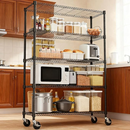 1750LBS 47.2" W 5 Tiers Storage Shelves Metal Shelving Unit with Wheels Heavy Duty Garage Shelving Adjustable Wire Shelves for Pantry,Kitchen,Garage,Basement,Black 17.7" D x 47.2" W x 76.8" H