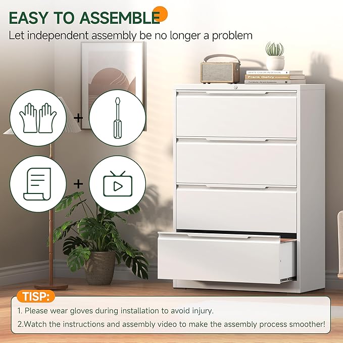 Lateral File Cabinet with Lock, 4 Drawer Lateral File Cabinets, Metal Filing Cabinets for Home Office, White Deep Drawer for Hanging Files Letter/Legal/A4/F4 Size, Printer Stand, Assembly Required