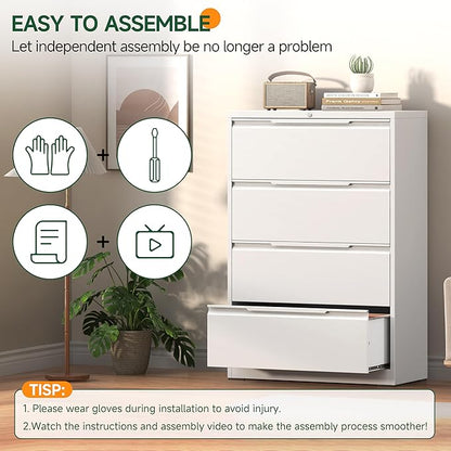 Lateral File Cabinet with Lock, 4 Drawer Lateral File Cabinets, Metal Filing Cabinets for Home Office, White Deep Drawer for Hanging Files Letter/Legal/A4/F4 Size, Printer Stand, Assembly Required