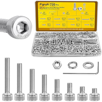 720pcs M3 Screws Assortment kit, Hex Socket Head Cap Bolts, Nuts & Washers Assorted Set M3x6/8/10/12/16/20/25/30 mm, 304 Stainless Steel Hardware Kit for DIY, 3D Printer