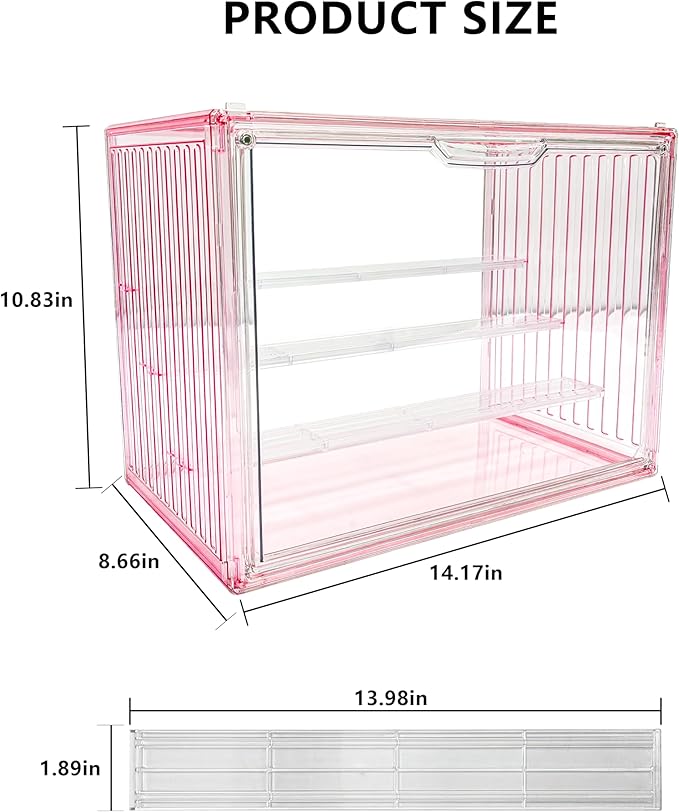 Clear Doll Display Box Compatible with Labubu - Stackable Organizer for 15-17cm Dolls & Accessories, Transparent Display Case for Collectibles, Action Figures, and Toy Clothes (Pink)