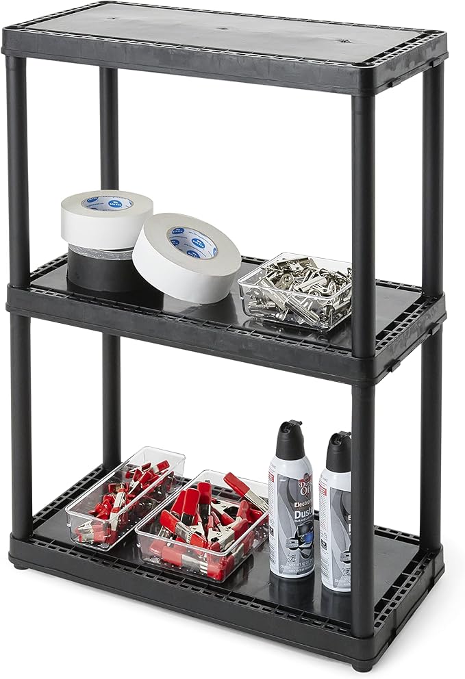 Gracious Living 3 Shelf Fixed Height Light Duty Storage Unit 12 x 24 x 33" Organizer System for Home, Garage, Basement, & Laundry, Black (3 Pack)
