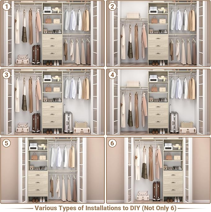 Closet System with 3 Drawers - 8FT Wood Closet Organizer with 3 Shelving Tower & Hanging Rods, 96" Walk-in Wardrobe Closet Organizer System for 4-8FT Spaces, Heavy Duty Garment Clothes Rack, White Oak