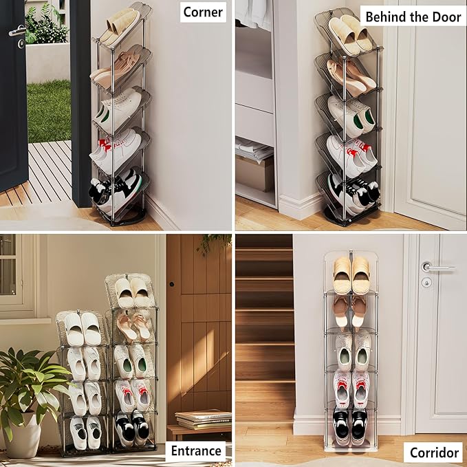 Sloping Narrow Shoe Rack 5 Tiers - Free Standing Vertical Shoes Racks for Small Spaces and Corner, Shoe Storage Organizer for Entryway, Tall Slim Shoe Shelf Cabinet for Shoes and Boots