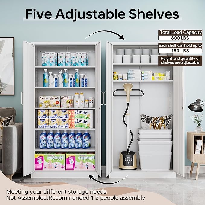 Metal Garage Cabinets, 72" Tall Locking Storage Cabinet with 2 Doors and 5 Adjustable Shelves, Steel Utility Tool Caninet, White Lockable Outdoor Storage Cabnet for Pantry, Garage, Home Office