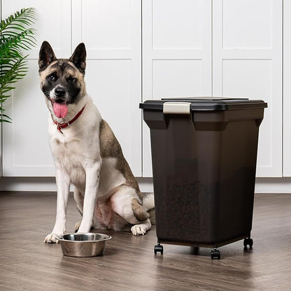 IRIS USA Dog Food Storage Container 58 lbs, Attachable Wheels, for Dog Cat Birds and other Pets, Food Storage Bin, Keep Fresh, Easy Mobility, BPA Free - Made in the USA, Black