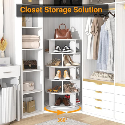 Aheaplus Rotating Shoe Rack, 5-Tier Wood Shoe Organizer for Closet, 360° Spinning Shoe Rack Tower Space-Saving Shoe Storage Shelf for Entryway, Garage, Bedroom, White