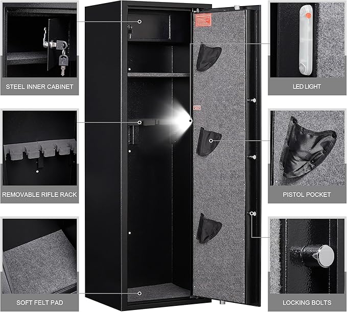 5 Gun Safe Rifle, Long Gun Cabinet for Home Rifle and Pistols, Gun Locker & Cabinets with Drawer and Removable Shelf, Cabinet with Alarm System, Rifle Safe with LED Light