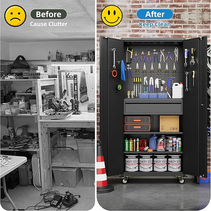 SUXXAN 71" Metal Garage Storage Cabinet with 16 Hooks and Pegboards,1 Drawer Inside Rolling Tool Storage Cabinet with Adjustable Shelves,3 Metal Hanging Rod for Garage,Warehouse