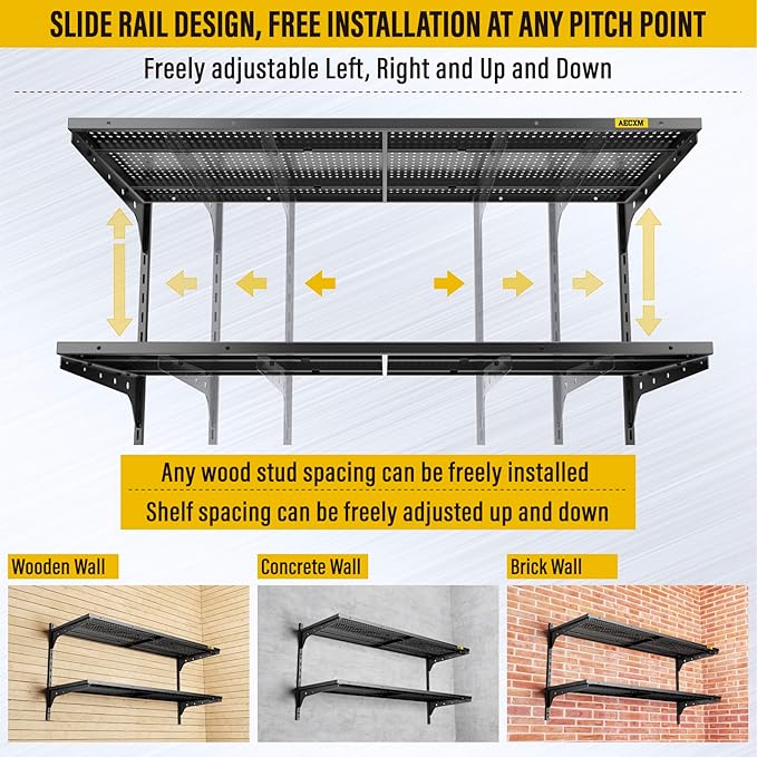 2 Tier 1.3x4ft Garage Shelving Wall Mounted, 15.6x48inch per Shelf Height Cassette Adjustable Floating Shelves(Black)
