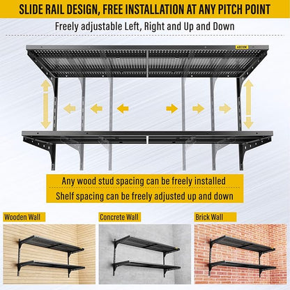2 Tier 1.3x4ft Garage Shelving Wall Mounted, 15.6x48inch per Shelf Height Cassette Adjustable Floating Shelves(Black)