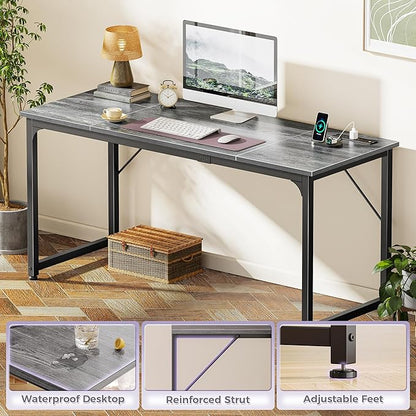 PRAISUN 63 X 24 Inch Office Computer Desk with Power Outlets and USB-C Port, Larger and Longer Gaming Desk, for Home Office, Study, Writing Work from Home Table, Metal Frame, Grey