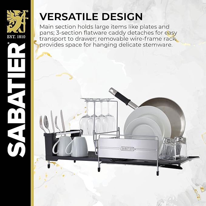 Sabatier Expandable Stainless Steel Dish Rack with Rust-Resistant Soft Coated Wires and Bi-Directional Spout, with Utensil Caddy and Removable Stemware Holder