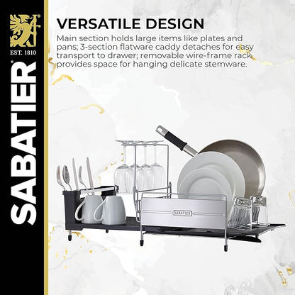 Sabatier Expandable Stainless Steel Dish Rack with Rust-Resistant Soft Coated Wires and Bi-Directional Spout, with Utensil Caddy and Removable Stemware Holder