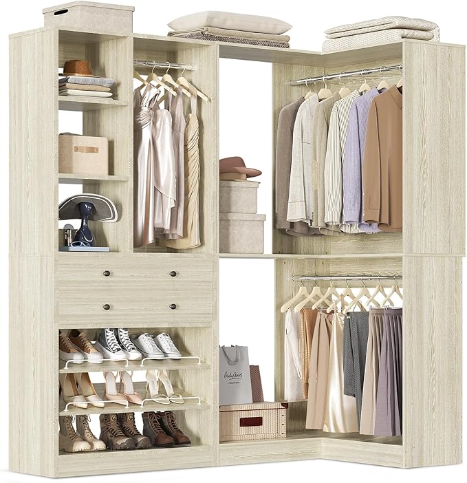 Closet System with 2 Drawers, 3 Hanging Rods, 59.5" * 31.5" Closet Organizer System with Corner Tower, Reversible L Shaped Walk-in Closet System, Corner Closet System Set of 2, Greige Oak