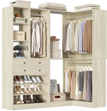 Closet System with 2 Drawers, 3 Hanging Rods, 59.5" * 31.5" Closet Organizer System with Corner Tower, Reversible L Shaped Walk-in Closet System, Corner Closet System Set of 2, Greige Oak