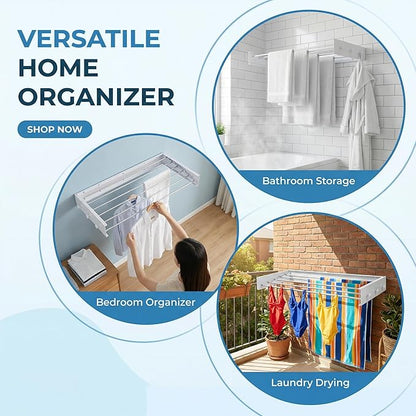 Wall Mounted Clothes Drying Rack, 32" Space Saving Foldable Laundry Drying Rack with Wall Template for Bathroom, Apartment, College Dorm (White 5 Rods and 6 Hooks)