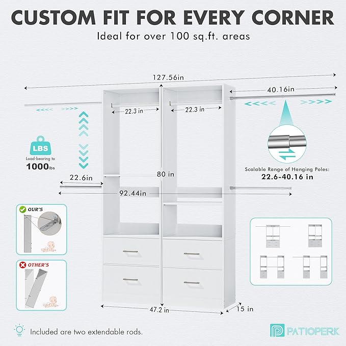 11 Ft Expandable Closet System, 6.7 Ft High Wood Closet Organizer with 4 Drawers & 4 Hanging Rods, Modular Wardrobe Storage Rack with Adjustable Shelves for Walk-in Bedroom, White