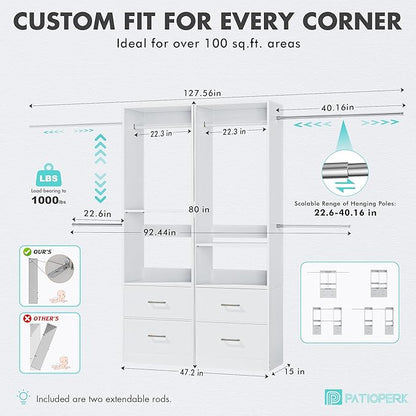 11 Ft Expandable Closet System, 6.7 Ft High Wood Closet Organizer with 4 Drawers & 4 Hanging Rods, Modular Wardrobe Storage Rack with Adjustable Shelves for Walk-in Bedroom, White