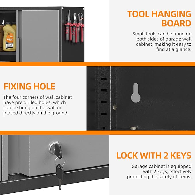 Garage Wall Cabinet, Metal Wall Cabinets with 2 Doors, Wall Cabinet with Lock, 26'' Gray Wall Mounted Floating Tool Cabinets for Home Office, Warehouse, Kitchen, Bathroom, Utility Room
