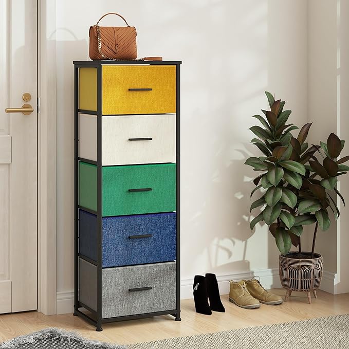 Dresser with 5-Drawer, Tall Fabric Storage Tower for Closet, Colorful Organizer Unit for Bedroom, Categorized Storage by Colors, Easy Pull Fabric Bins (Colourful)