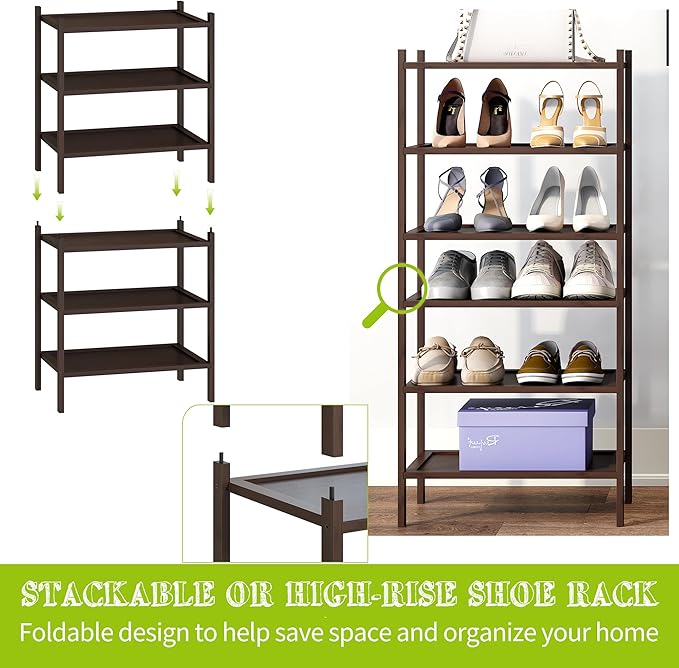 BMOSU 3-Tier Bamboo Small Shoe Rack Premium Stackable Shoe Shelf Storage Organizer for Hallway Closet Living Room Entryway Organizer(Brown)