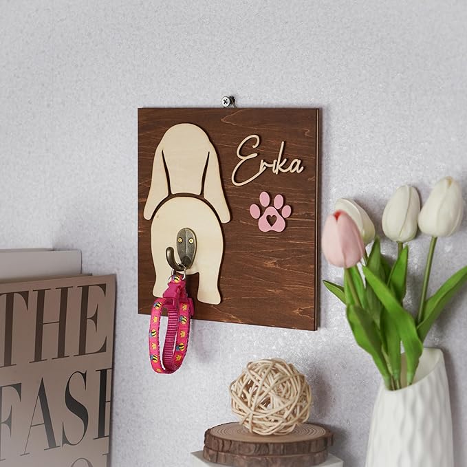 Personalized Dog Leash Holder Wall Mount, Custom Dog Butt Harness Wall Hanger Organizer with Name, Hooks for Leashes, Collars, Keys, Funny Leash Rack for Entryway, Gift for Pet Lovers, Home Décor