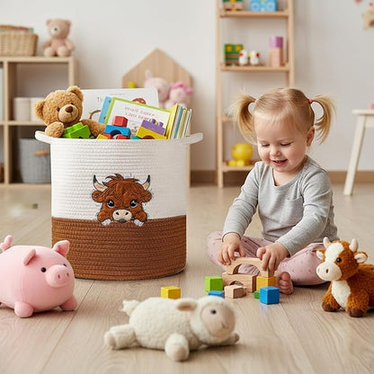 INough Large Blanket Baskets for Living Room, Highland Cow Storage Baskets for Toys Organizer Woven Cotton Rope Basket for Kids, Clothes Hamper with Embroidery Highland Cow Decor for Nursery Laundry