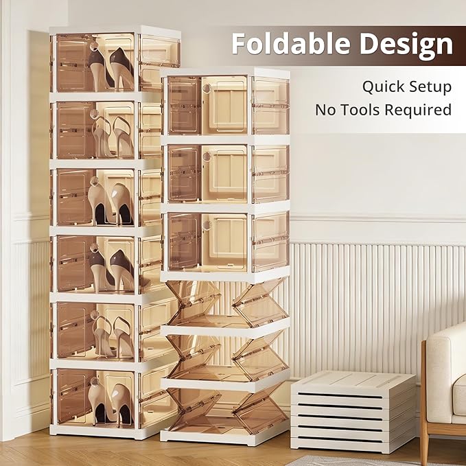 Foldable Collapsible Shoe Box Organizer Rack – 3 Tier Stackable Clear Sneaker Storage Boxes with Lids, Folding Shoe Cabinet Shelf, Plastic Portable Storage Bins with Easy Assembly for Closet Entryway