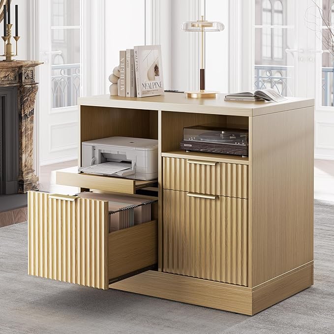 3 Drawer File Cabinet, Fluted Wood Lateral Filing Cabinet with Charging Station for Home Office, Fits for A4/Letter-Sized Files, Printer Stand with Open Storage Shelves, Light Walnut