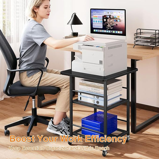 Snughome 3-Tier Printer Stand, 19.7" D×23.6" W×26.5" H Extra Large Printer Table with Storage Shelves, Rolling Cart with Lockable Wheels for Home Office, Black