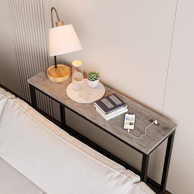 BOFENG Narrow Console Table with Outlet,Thin Sofa Table with Charging Station,41.5 Inch Small Entryway Table,for Hallway,Bedroom,Living Room,Foyer,Grey