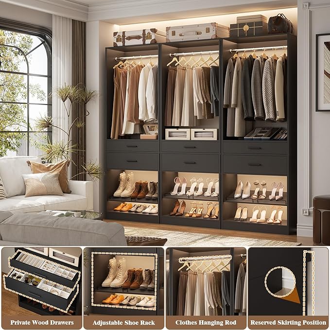 Unikito 25" W x 80" H Closet Organizer Storage with Hanging Rod and 2 Wooden Drawer, Adjustable Angled Shoes Rack, Sturdy Garment Racks, Walk-in Closet Tower for Bedroom, Mudroom, and Entryway, Black