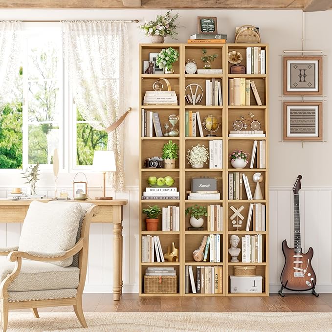 FOTOSOK 8-Tier Media Tower Rack, 11.6 X 9.3 X 71 Inches CD DVD Slim Storage Cabinet with Adjustable Shelves, Tall Narrow Bookcase Display Bookshelf for Home Office, Natural