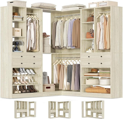 Closet System with 4 Drawers and Hanging Rods, 59.5"L / 87"L Closet Organizer System with Corner Tower, L Shaped Walk-in Closet System, Corner Closet System with Shelves, Set of 3, Greige Oak