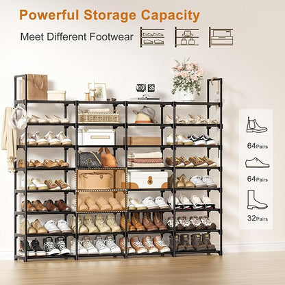 WOWLIVE Extra Large Shoe Rack, 4 Rows 8 Tier 56-64 Pairs Big Tall Metal Shoe Organizer, Stackable, Large Capacity Boot Rack Storage Organizer for Entryway, Closet, Garage, Black