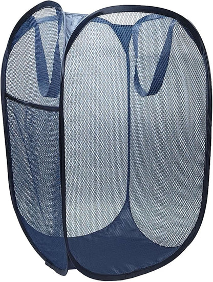 The upgraded pop-up laundry basket features a breathable side pocket mesh design, making it ideal for rooms, apartments, dormitories, travel, business trips, and children's storage (1, Dark blue)